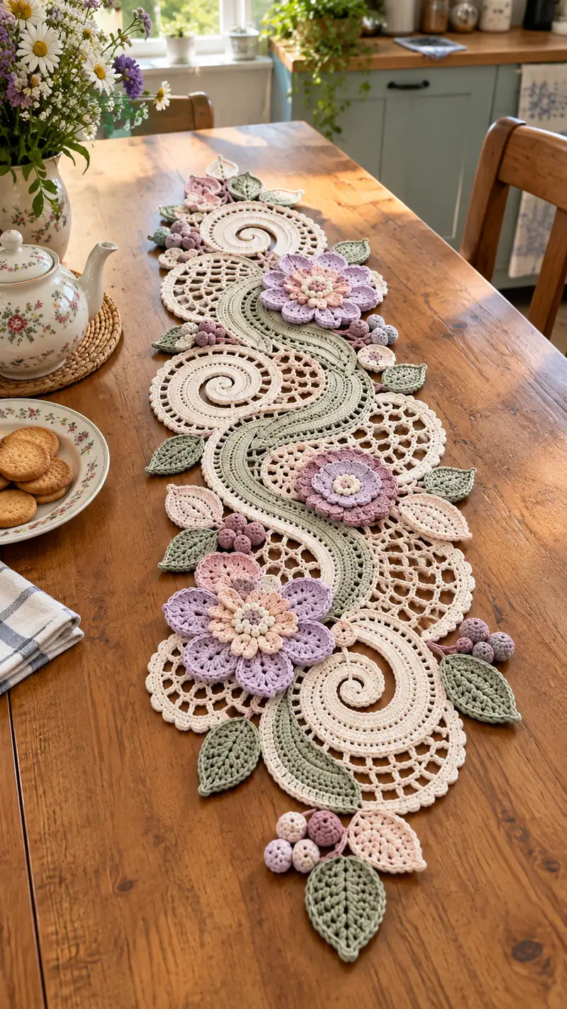 Vintage Floral Table Runner Pattern crochet pattern - detailed view of completed project