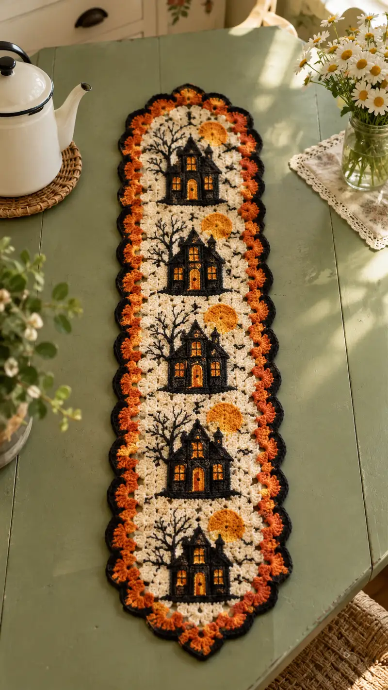 Haunted House Halloween Table Runner Pattern crochet pattern - detailed view of completed project