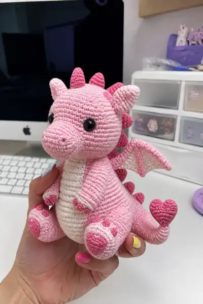 Big Blush Pink Love Dragon with Heart-Tipped Tail Amigurumi Pattern step 1 - construction progress