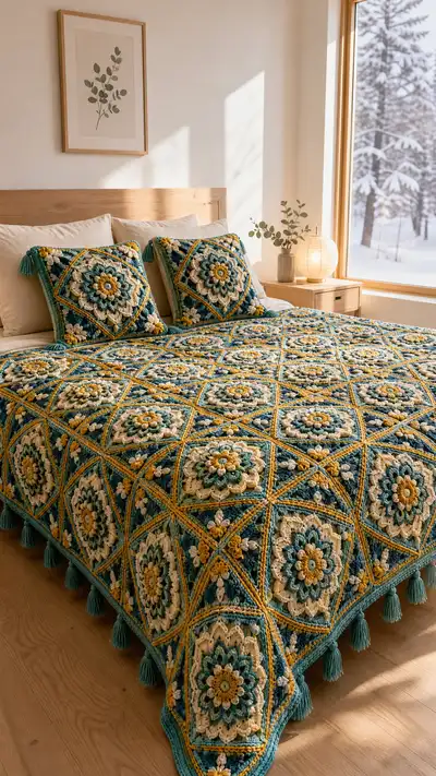 Mustard Teal Floral Granny Square Bedspread Pattern step 1 - construction progress