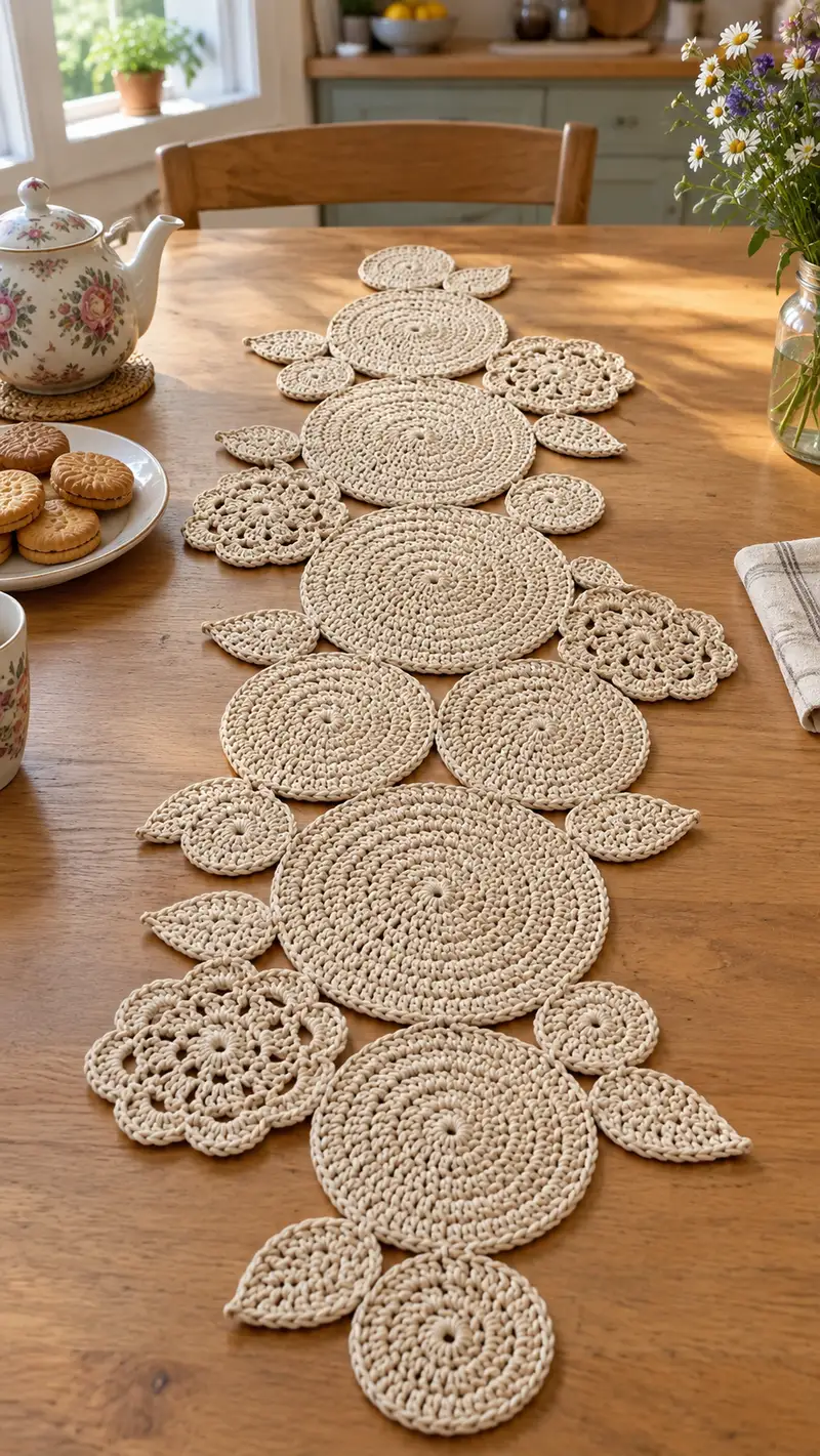 Floral Circle Table Runner Pattern crochet pattern - detailed view of completed project