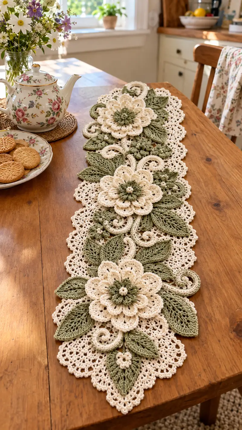 Floral Lace Table Runner Pattern crochet pattern - detailed view of completed project