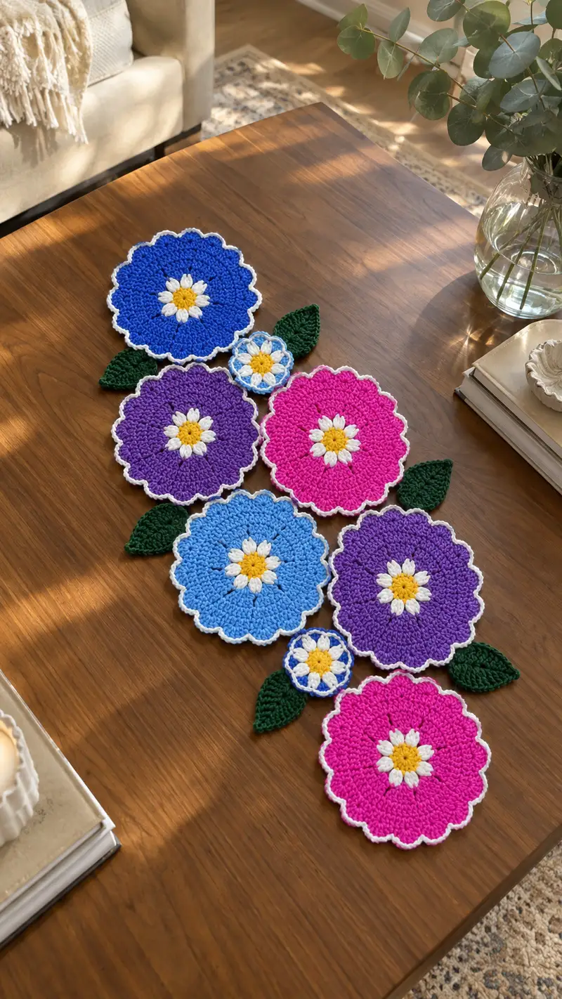 Bright Daisy Cluster Table Runner Pattern crochet pattern - detailed view of completed project