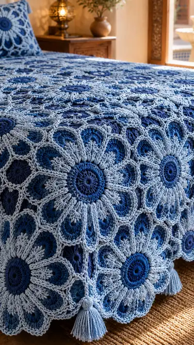 Denim Flower Granny Bedspread Pattern step 2 - assembly progress