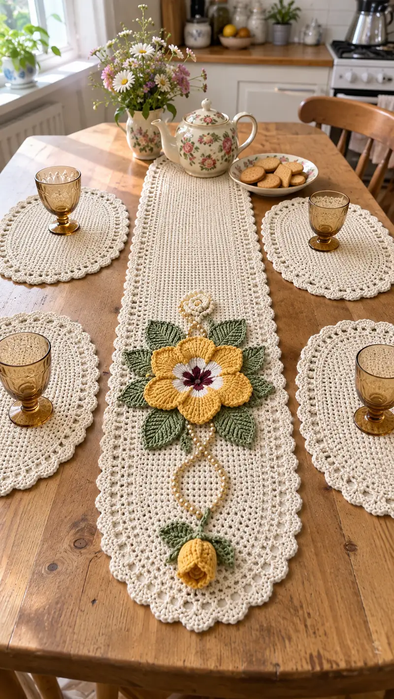 Vintage Floral Table Runner and Placemats Pattern crochet pattern - detailed view of completed project