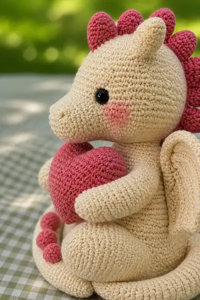Big Soft Cream Love Dragon with Rose Pink Heart Spikes Amigurumi Pattern step 2 - assembly progress