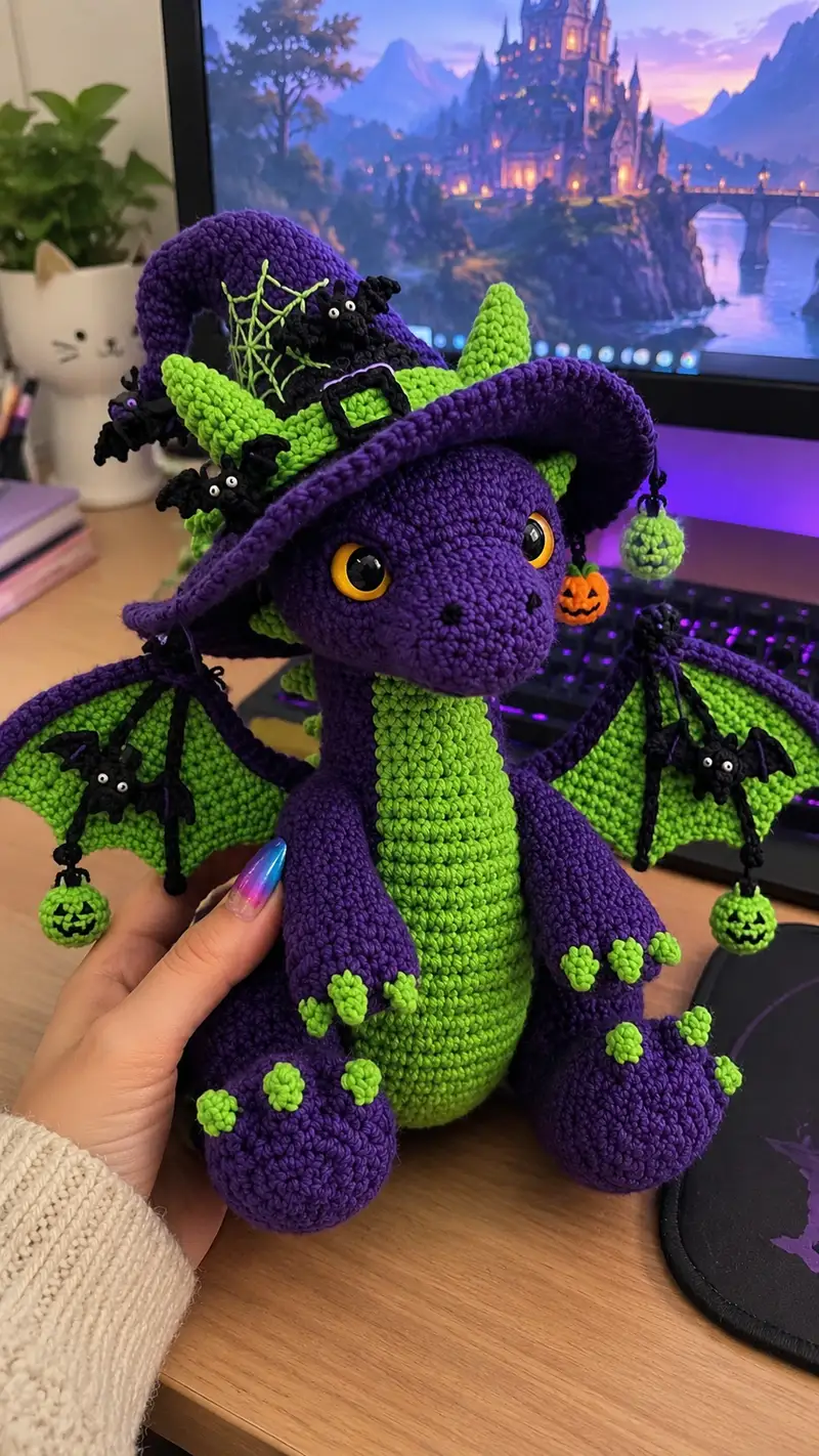 Halloween Witch Dragon Amigurumi Pattern crochet pattern - detailed view of completed project