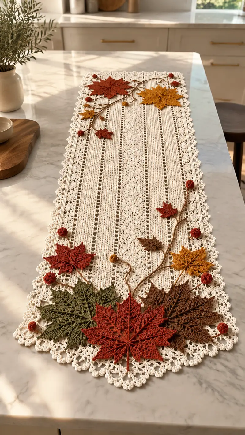 Elegant Autumn Leaves Table Runner Pattern crochet pattern - detailed view of completed project