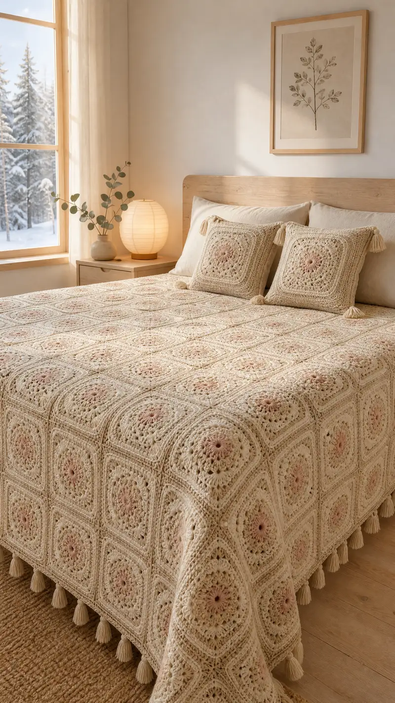 Cream Oatmeal Granny Square Bedspread Pattern crochet pattern - detailed view of completed project