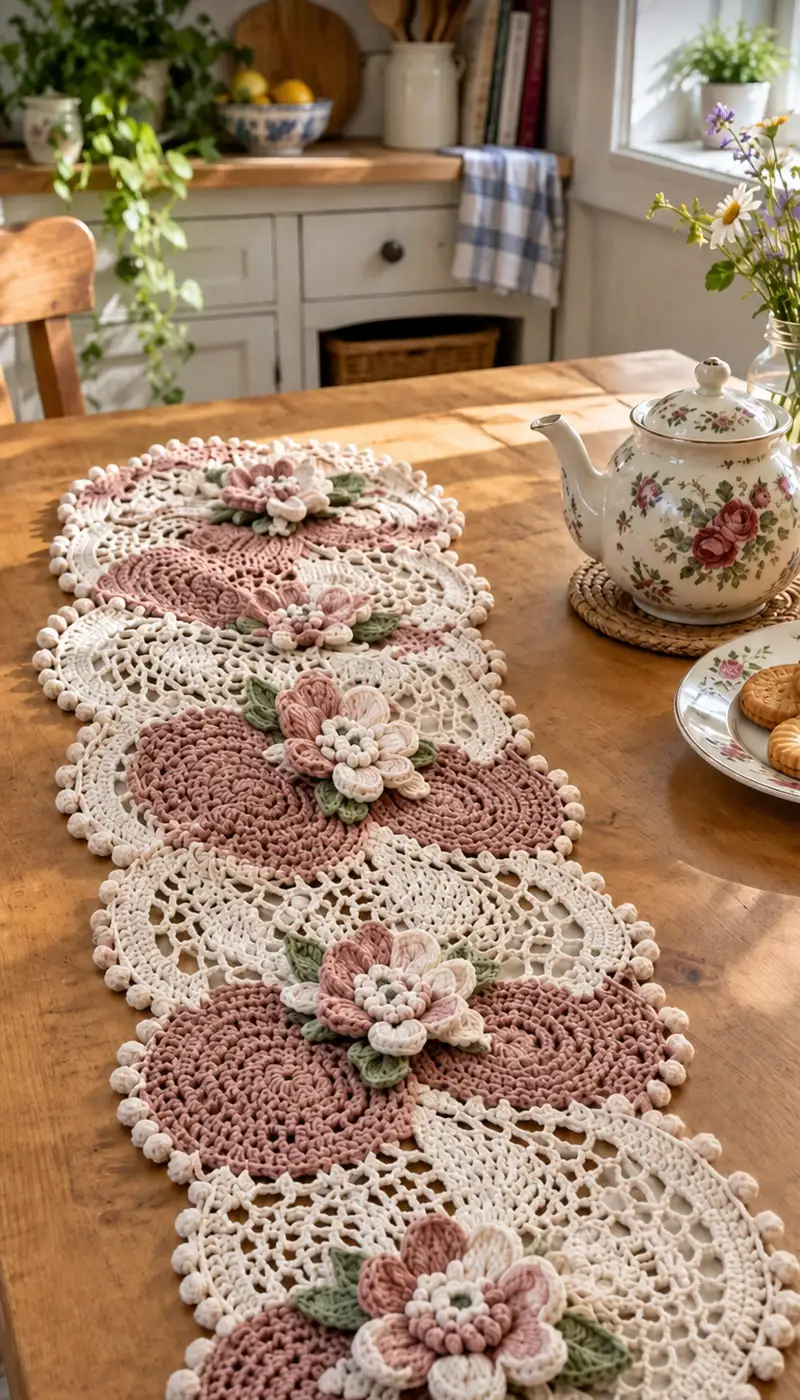 Vintage Floral Table Runner Pattern crochet pattern - detailed view of completed project
