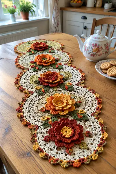 Layered Lace Doily and 3D Flower Autumn Table Runner Pattern step 1 - construction progress