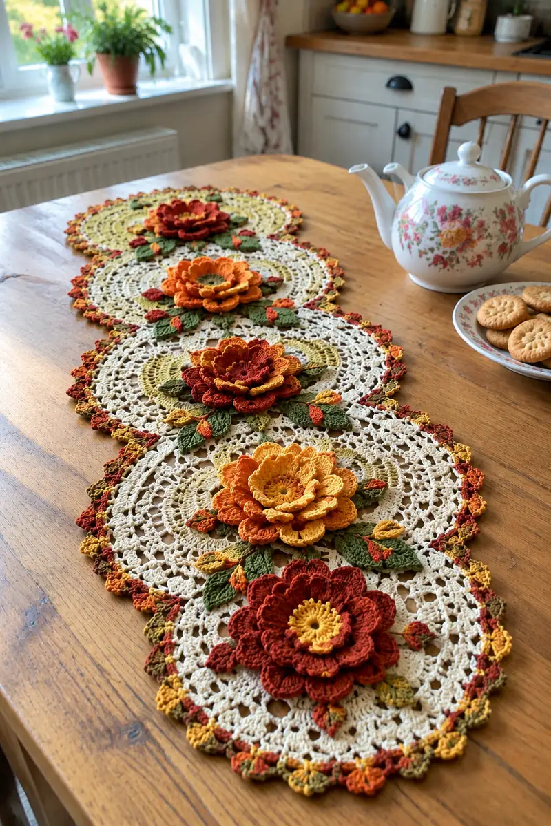 Layered Lace Doily and 3D Flower Autumn Table Runner Pattern crochet pattern - detailed view of completed project