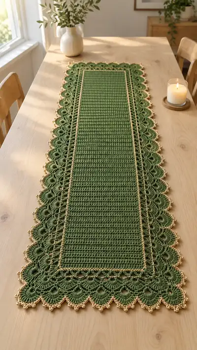 Elegant Green & Gold Table Runner Pattern step 1 - construction progress