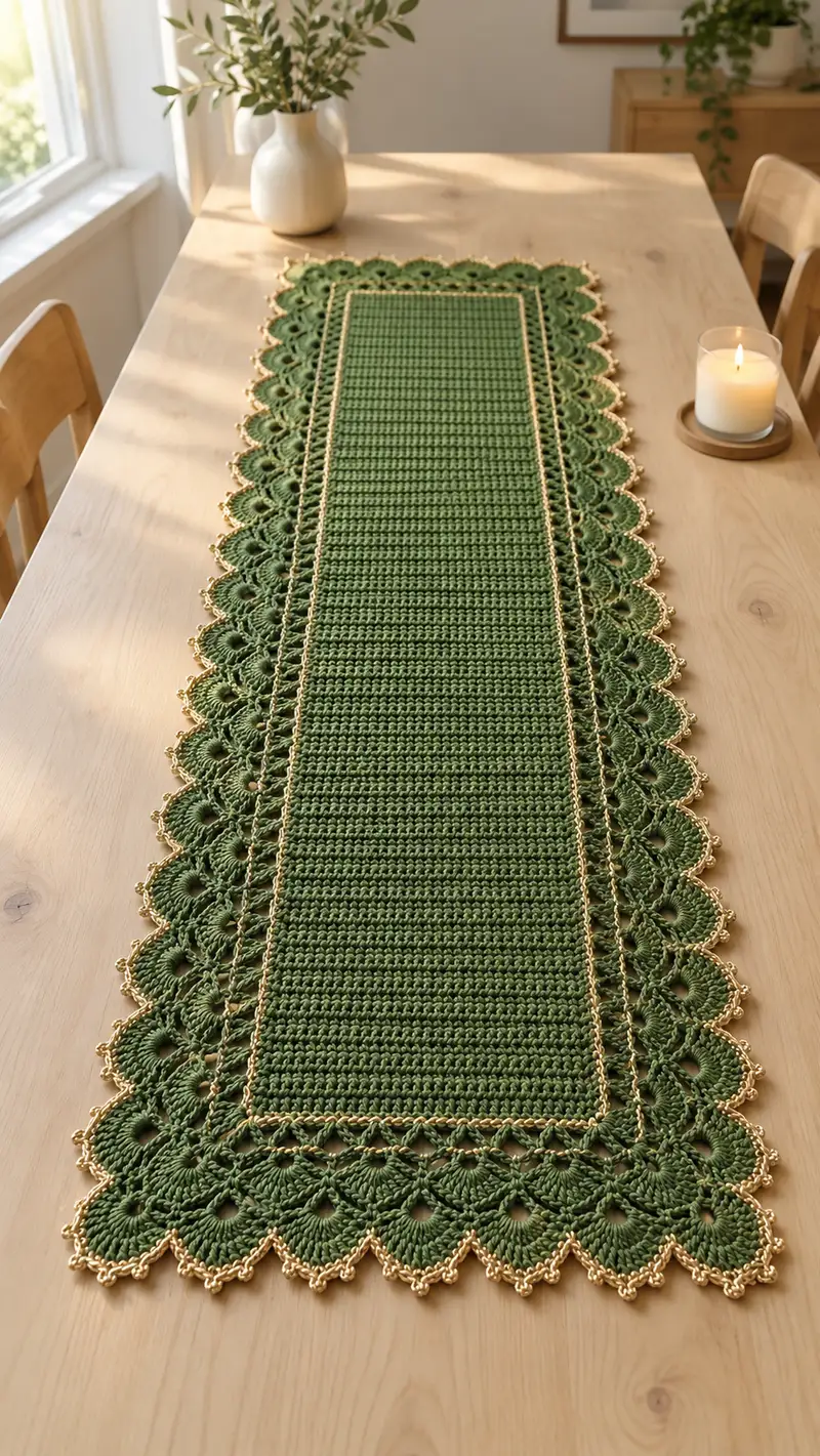 Elegant Green & Gold Table Runner Pattern crochet pattern - detailed view of completed project