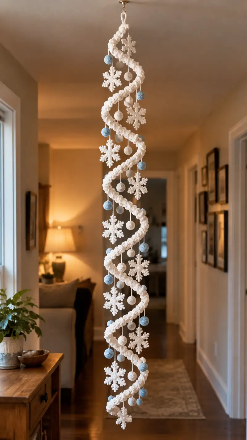 Spiral Snowflake Hanging Garland Pattern crochet pattern - detailed view of completed project
