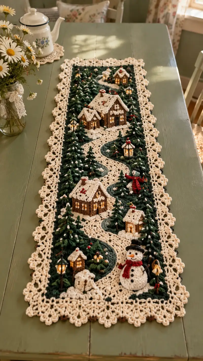 Forest Green And Cream Winter Village Table Runner Pattern crochet pattern - detailed view of completed project