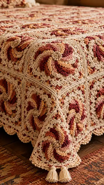 Cranberry Swirl Granny Square Bedspread Pattern step 2 - assembly progress
