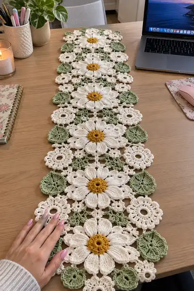 Cream Daisy And Sage Leaf Table Runner Pattern step 2 - assembly progress
