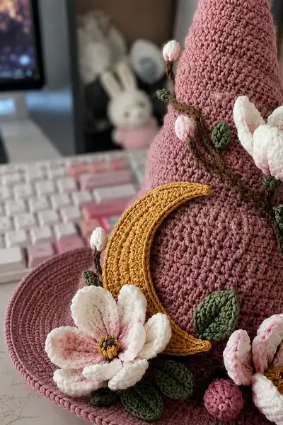Big Tall Dusty Rose Spiral Witch Hat with Magnolias and Gold Moon Pattern step 2 - assembly progress