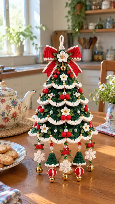 Festive Beaded Christmas Tree Ornament Pattern step 1 - construction progress