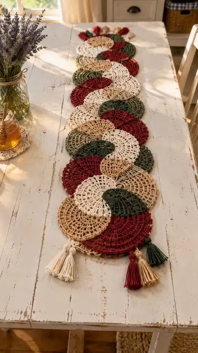 Burgundy Olive Spiral Motif Table Runner Pattern step 1 - construction progress