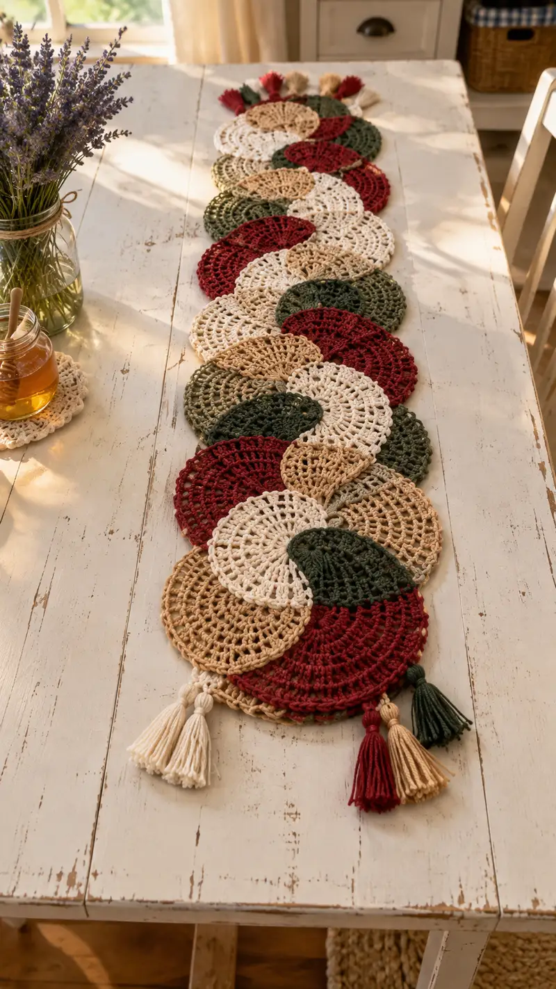 Burgundy Olive Spiral Motif Table Runner Pattern crochet pattern - detailed view of completed project