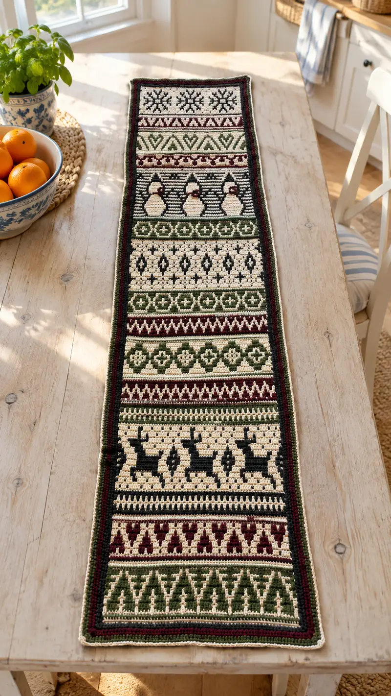 Festive Nordic Table Runner Pattern crochet pattern - detailed view of completed project