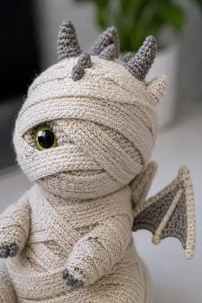 Big Mummy Dragon Wrapped in Bandages Amigurumi Pattern step 2 - assembly progress