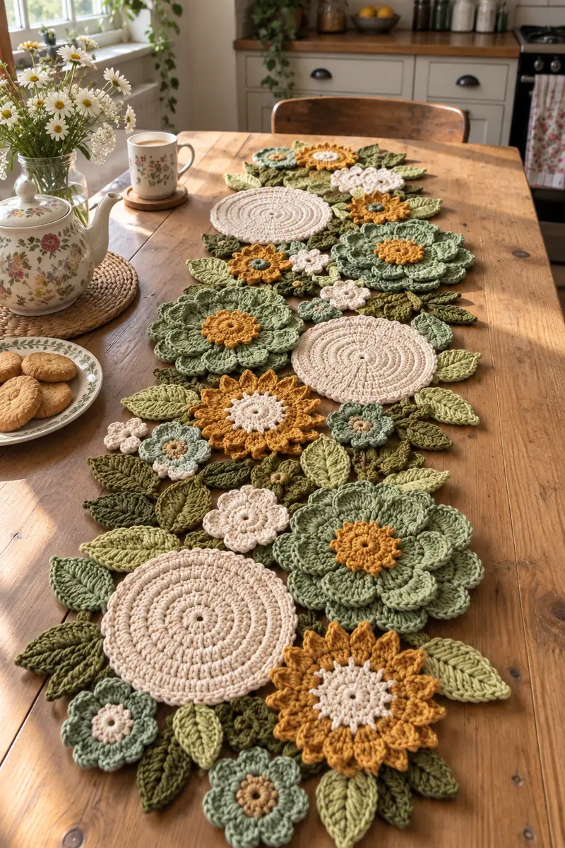 Floral Table Runner Motif Set Pattern crochet pattern - detailed view of completed project