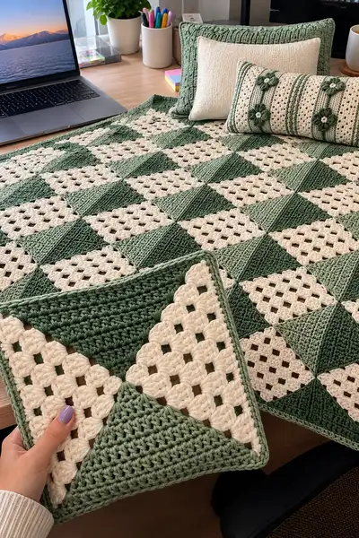 Sage Green Geometric Bedspread Pattern step 1 - construction progress