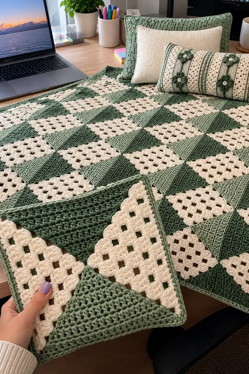 Sage Green Geometric Bedspread Pattern crochet pattern - detailed view of completed project