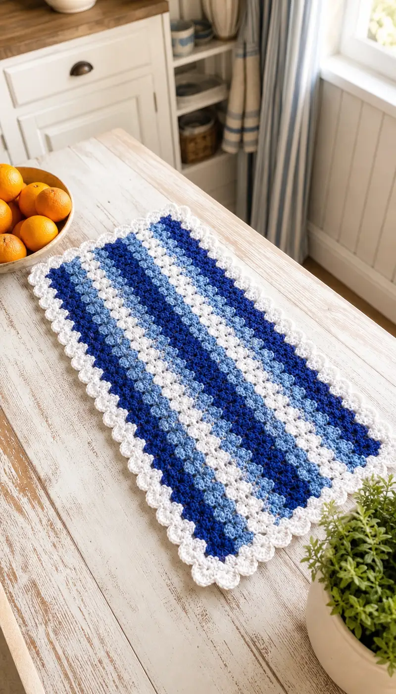 Blue Striped Shell Table Runner Pattern crochet pattern - detailed view of completed project
