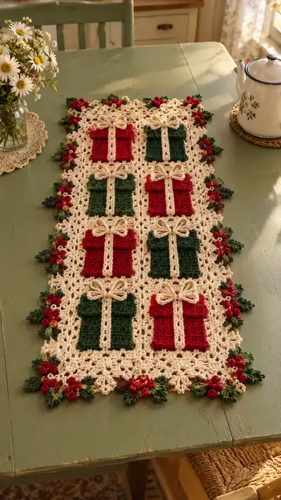 Red And Green Present Motif Table Runner Pattern step 1 - construction progress