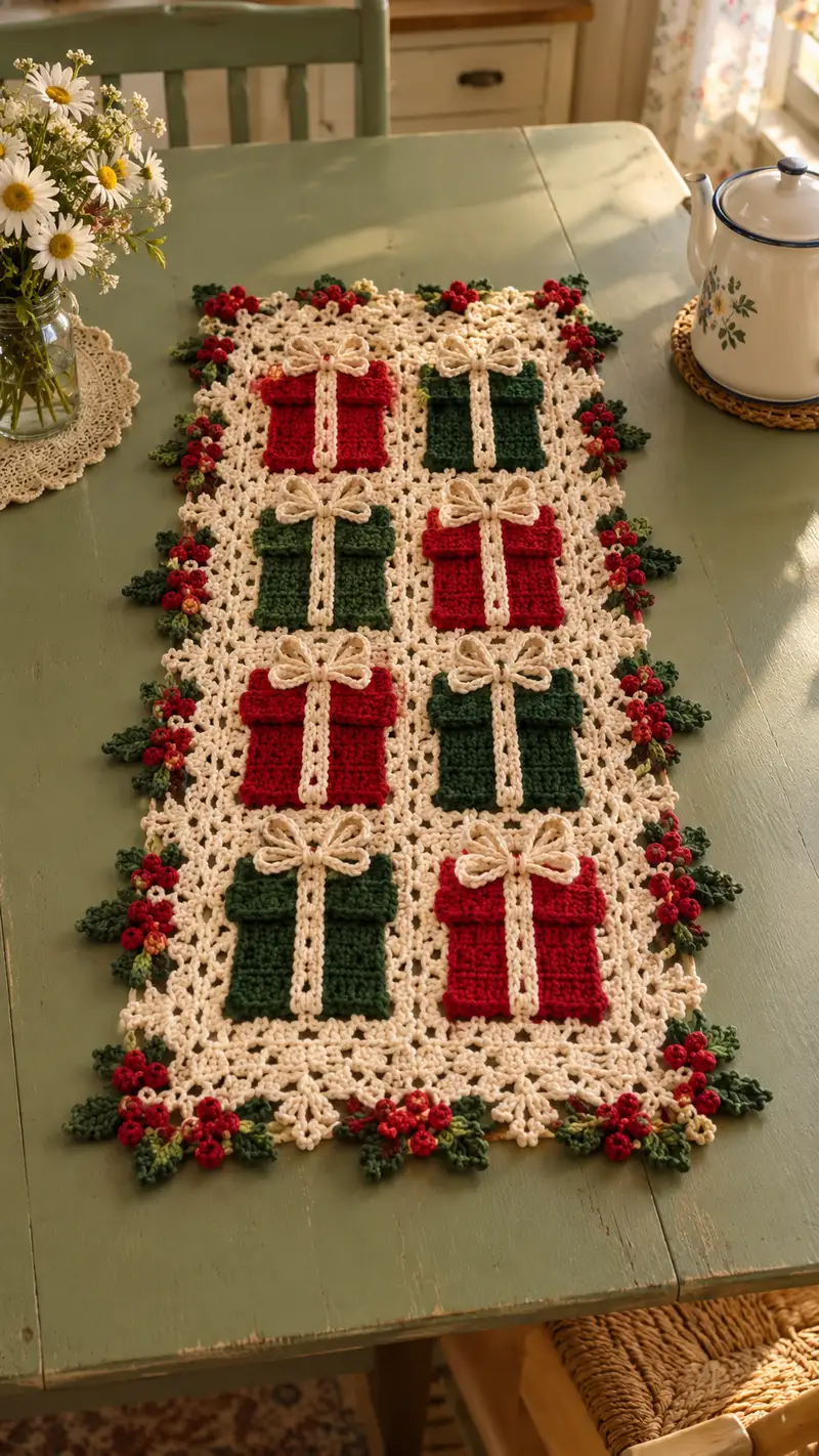 Red And Green Present Motif Table Runner Pattern crochet pattern - detailed view of completed project