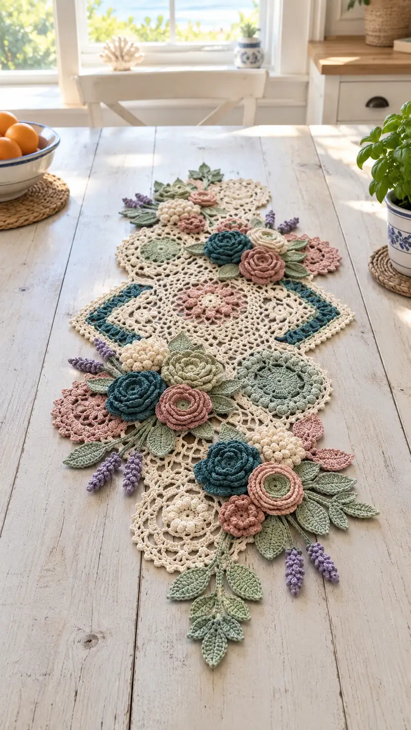 Floral Lace Table Runner Pattern crochet pattern - detailed view of completed project