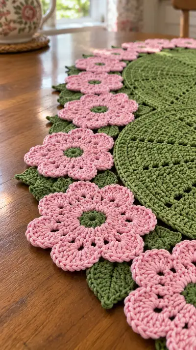 Floral Circle Table Runner Pattern step 2 - assembly progress