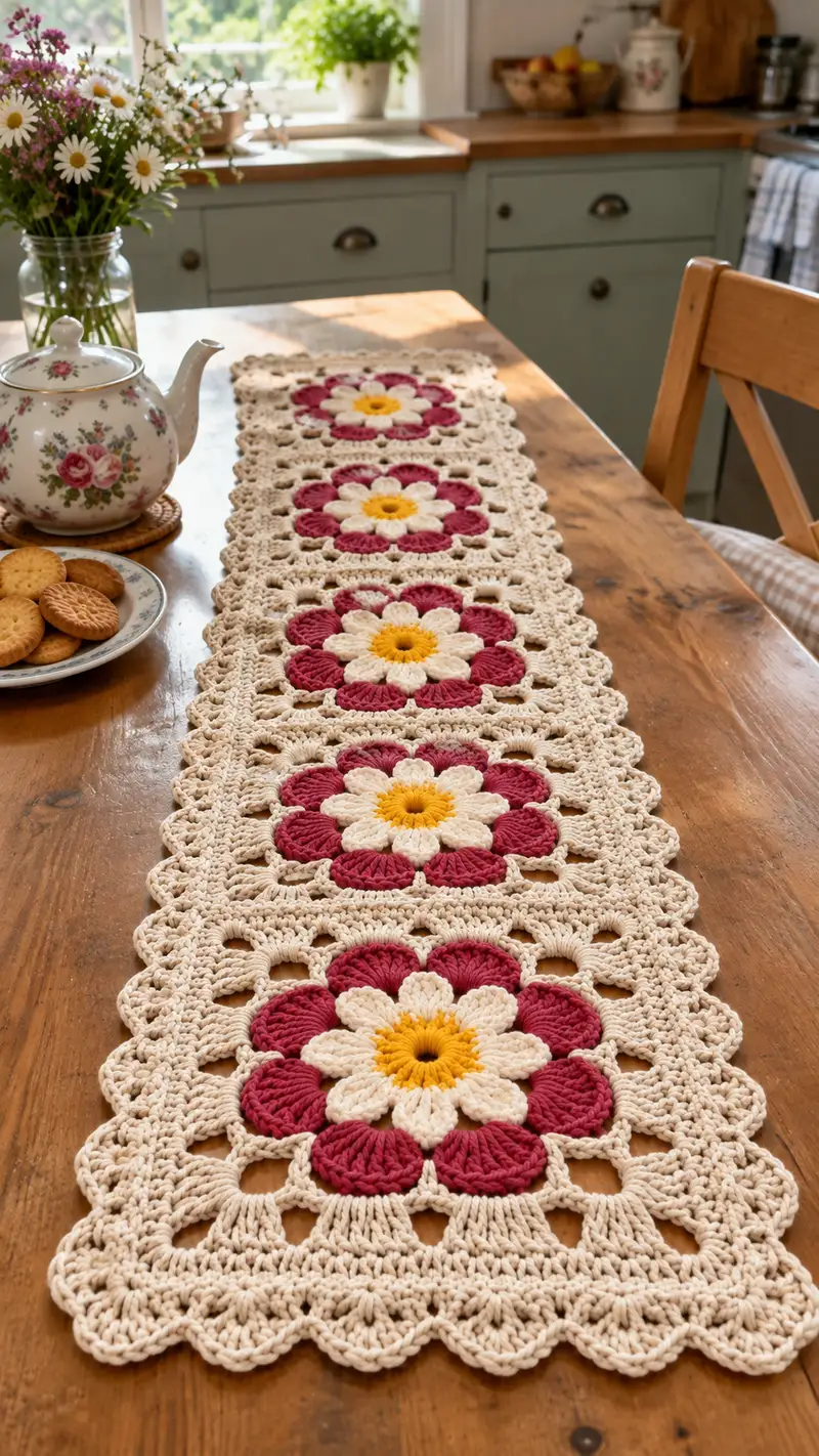 Vintage Daisy Square Table Runner Pattern crochet pattern - detailed view of completed project