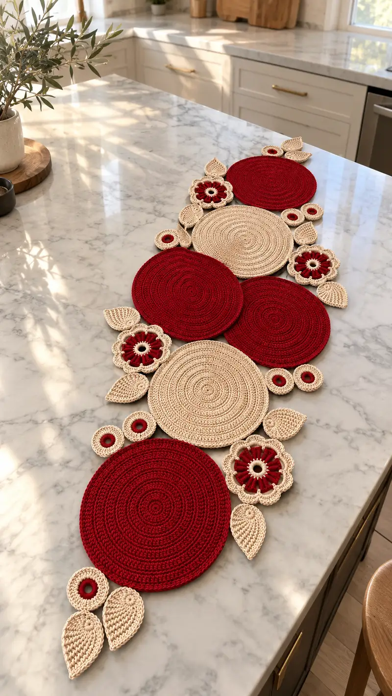 Elegant Floral Circles Table Runner Pattern crochet pattern - detailed view of completed project