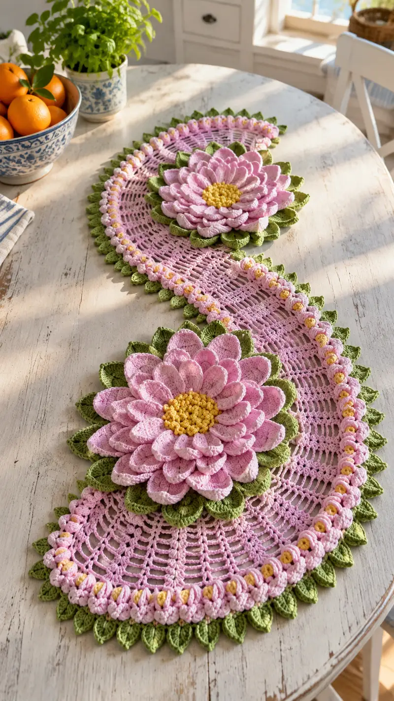 Blossom S-Shape Table Runner Pattern crochet pattern - detailed view of completed project