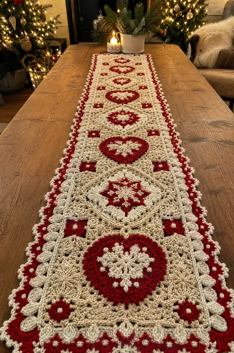 Long Nordic Scandi Christmas Table Runner Pattern crochet pattern - detailed view of completed project