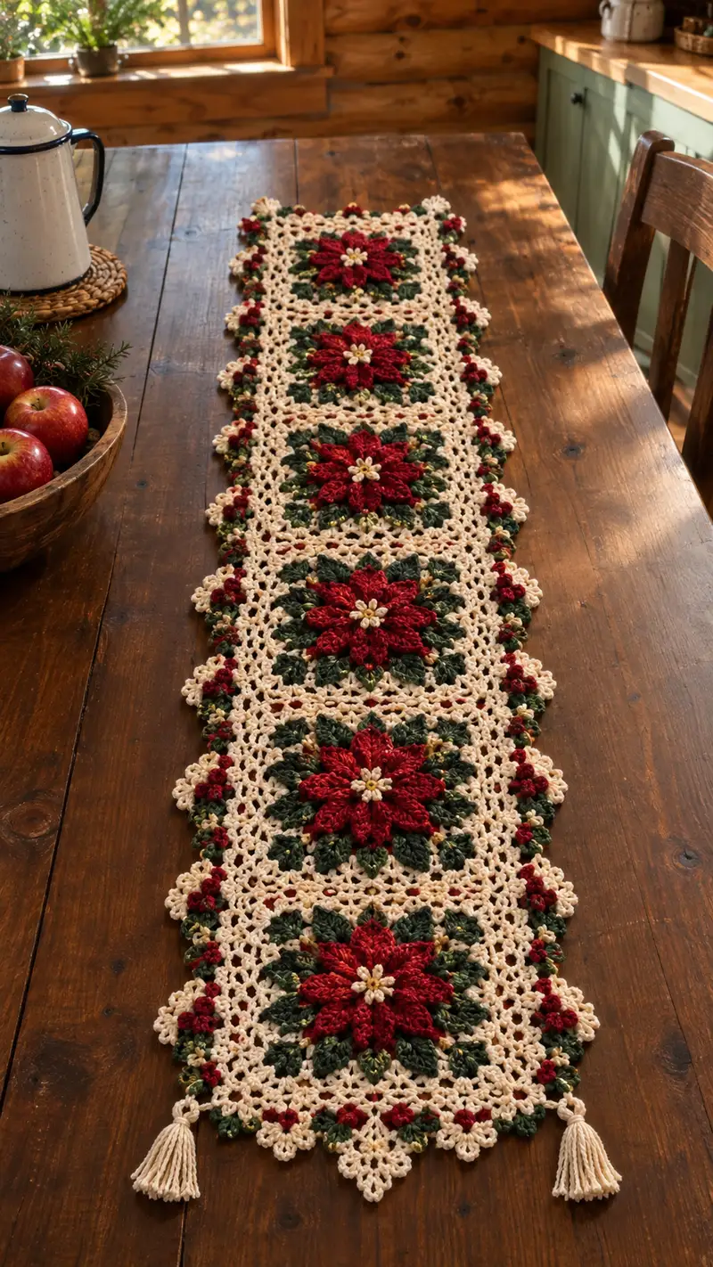 Red Poinsettia Cream Lace Table Runner Pattern crochet pattern - detailed view of completed project