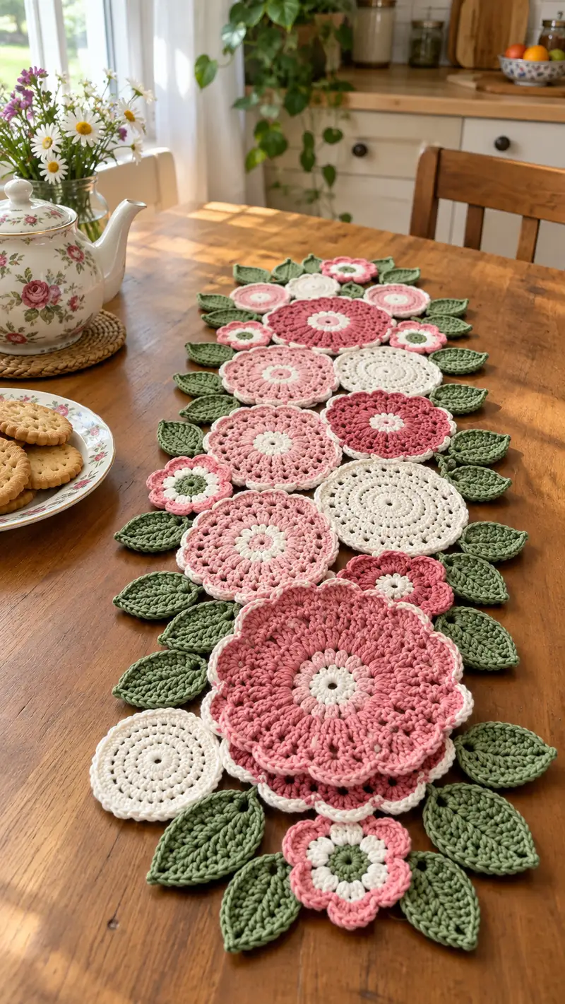 Blossom Trail Table Runner Pattern crochet pattern - detailed view of completed project