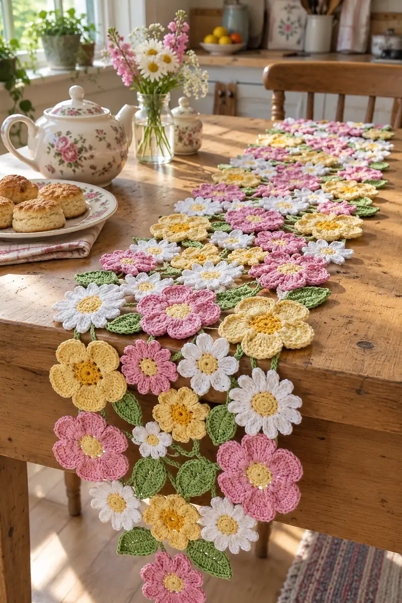 Spring Meadow Floral Table Runner Pattern crochet pattern - detailed view of completed project