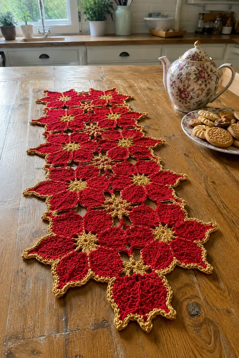 Free crochet pattern: Red and Gold Christmas Poinsettia Table Runner Pattern - Intermediate level tutorial