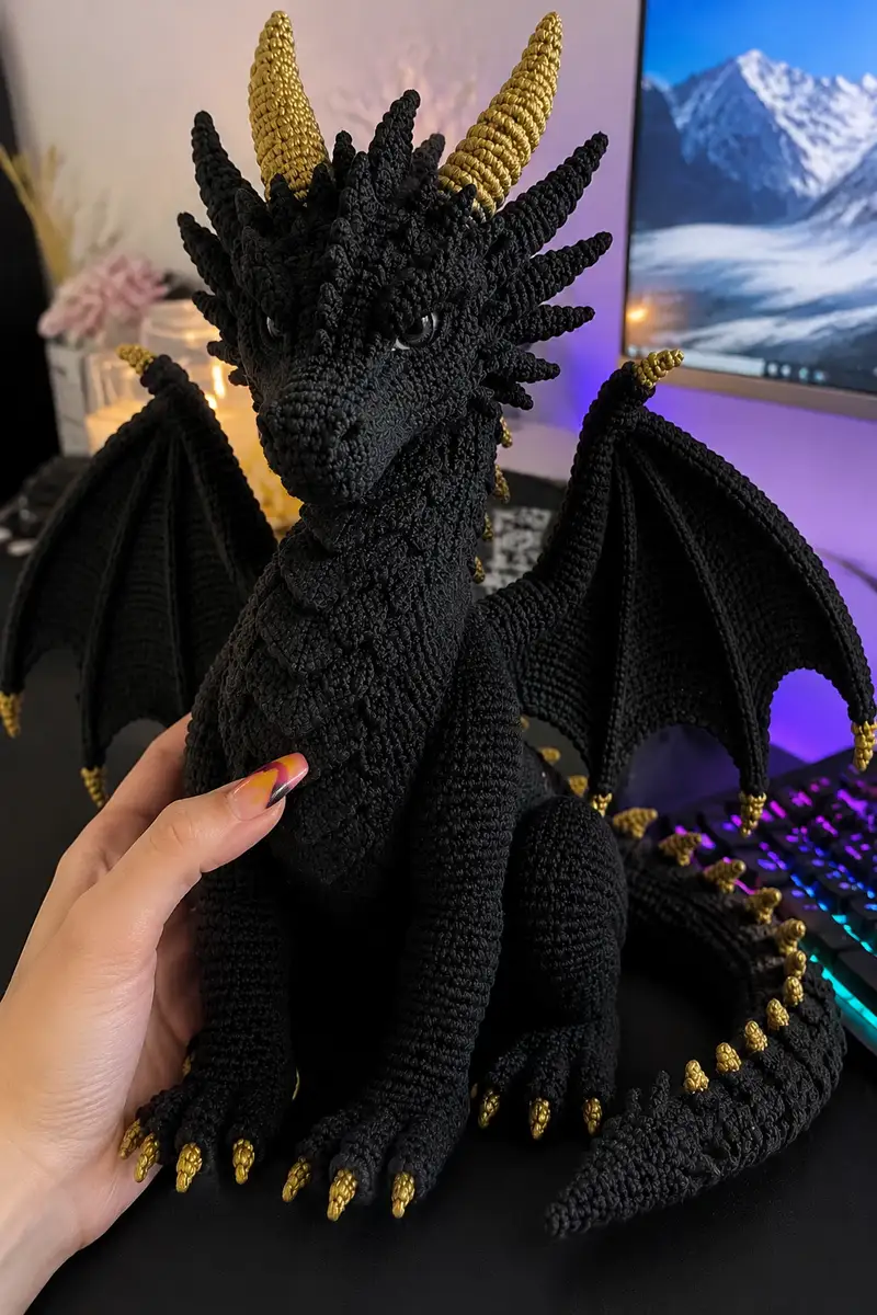 Giant Obsidian Black Dragon with Gold Horns Amigurumi Pattern crochet pattern - detailed view of completed project