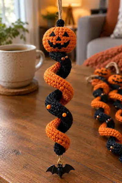 Halloween Spiral Hanging Ornament Amigurumi Pattern step 2 - assembly progress