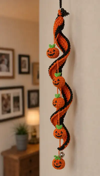 Spiral Halloween Pumpkin Garland Pattern step 2 - assembly progress