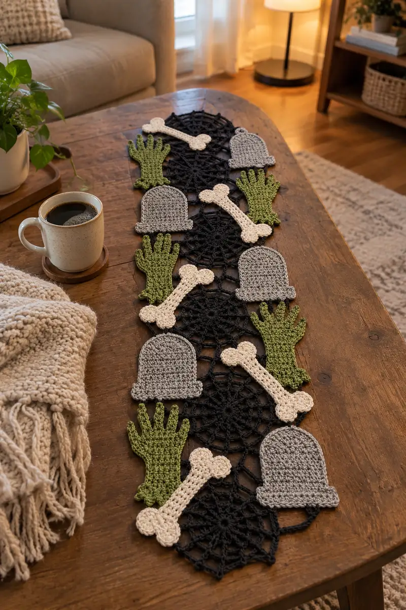 Graveyard Bones Halloween Table Runner Pattern crochet pattern - detailed view of completed project