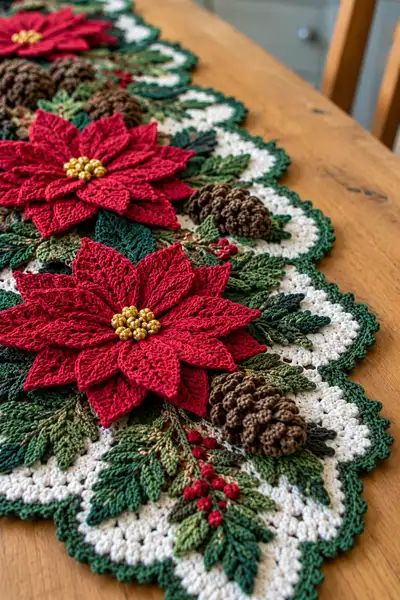Christmas Rose and Pinecone Cascade Table Runner Pattern step 2 - assembly progress