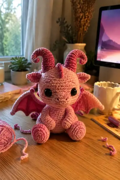 Small Pink Demon Dragon with Curled Horns Amigurumi Pattern step 1 - construction progress